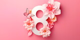 Flowers and butterflies in the shape of the number 8 on a pink background. International Women's Day. beautiful postcard for March 8. Generative AI