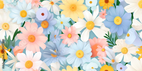 Summer flowers pattern in flat style   wallpaper   Generative AI