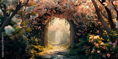 Fototapeta Naklejka Na Ścianę i Meble -  A floral arch covered in flowers creates a magical entrance to the garden. Generative AI
