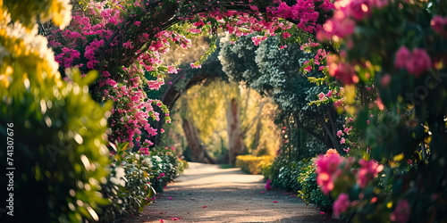 A floral arch covered in flowers creates a magical entrance to the garden. Generative AI