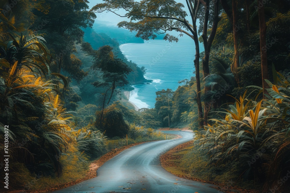 A Painting of a Road in the Middle of a Forest