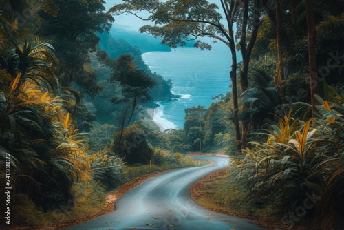 A Painting of a Road in the Middle of a Forest