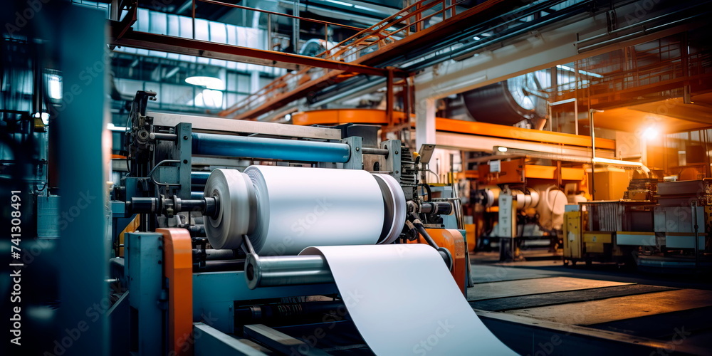 paper being produced in a mill with machines converting pulp into rolls. Generative AI paper being produced in a mill with machines converting pulp into rolls. Generative AI