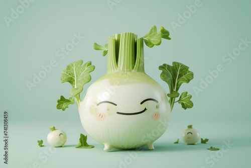 Cute kohlrabi baby with face 3d cartoon character, isolated on solid light color background, copy space photo