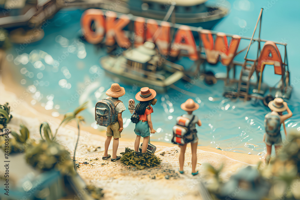 Fototapeta premium 大きな「OKINAWA」の文字と観光客の女性3人(3D)
