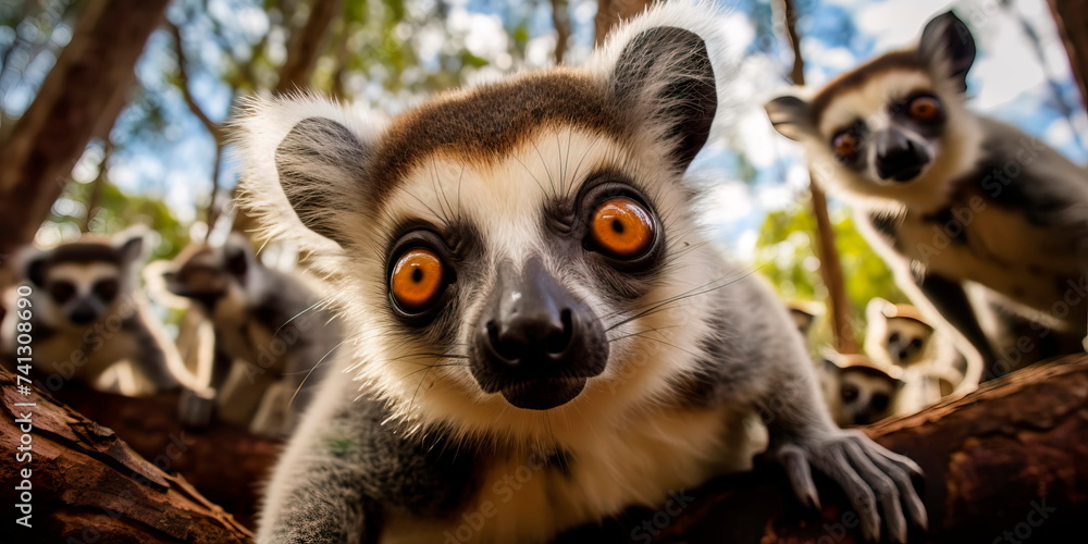 Fototapeta premium beautiful lemurs playing in the branches of Madagascar forests. Generative AI
