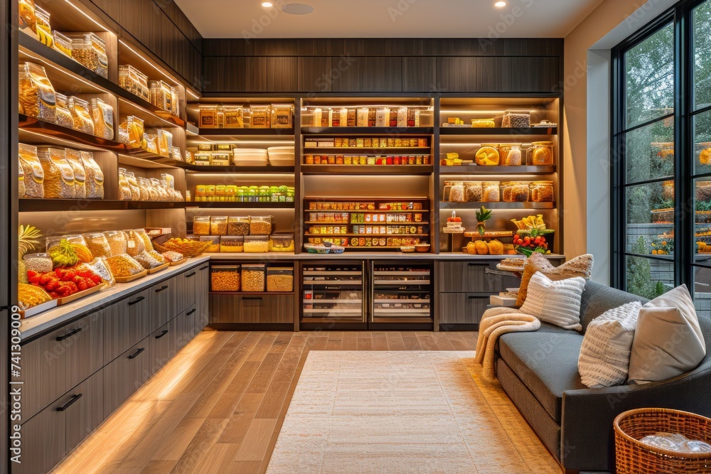 This photo features an inviting modern large pantry filled with numerous shelves stocked with a wide variety of food items.