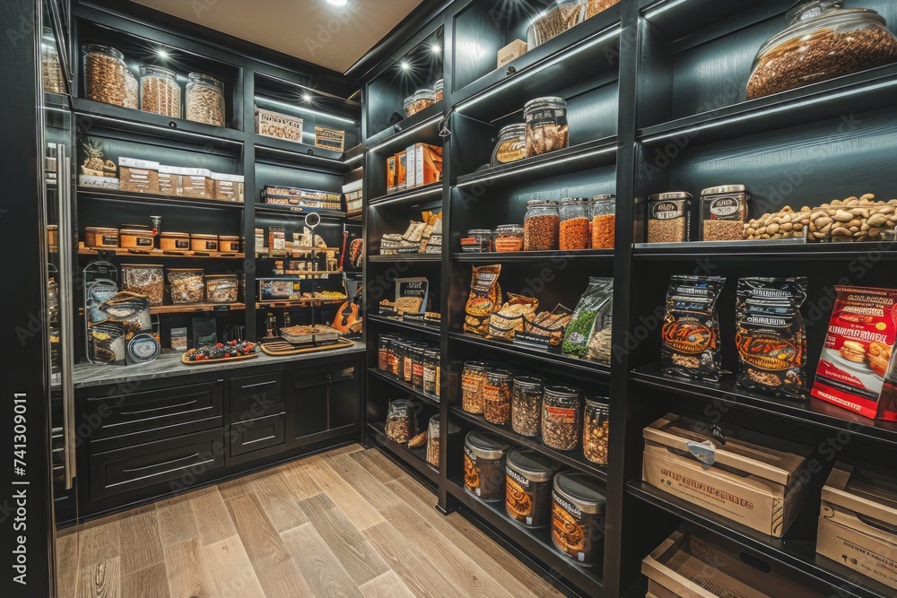 This photo showcases a spacious and modern pantry, abundantly stocked with an extensive selection of food items.