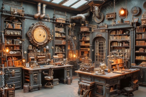 A room filled with numerous books and a prominent clock on the wall.