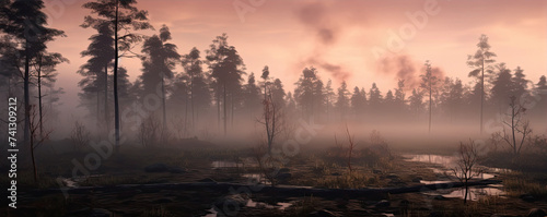 Foggy old forest in wide banner shape. Mystic nature panorama photo