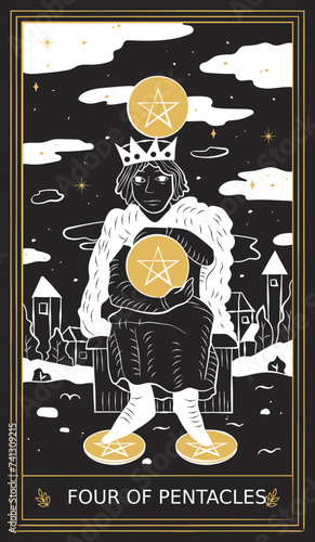 Four of Pentacles Tarot Card Minor Arcana in Vector Illustration