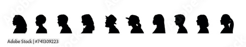 Man and woman faces profile side view vector black silhouette set.