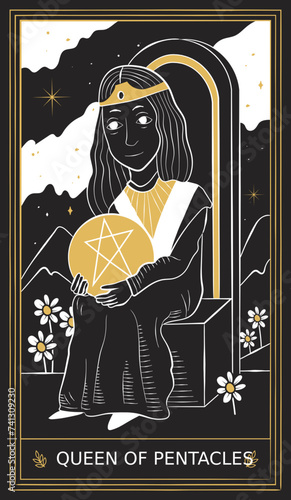 Queen of Pentacles Tarot Card Minor Arcana in Vector Illustration