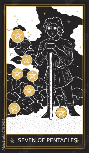 Seven of Pentacles Tarot Card Minor Arcana in Vector Illustration