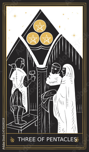 Three of Pentacles Tarot Card Minor Arcana in Vector Illustration