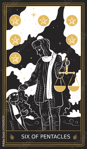 Six of Pentacles Tarot Card Minor Arcana in Vector Illustration