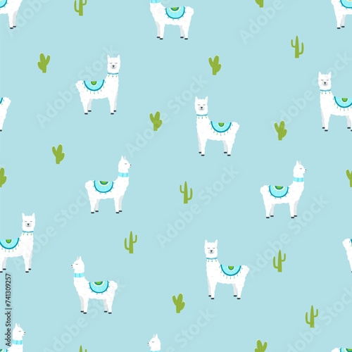 Seamless pattern of cute llamas and cacti. Vector illustration of funny animals background wallpaper.