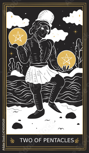 Two of Pentacles Tarot Card Minor Arcana in Vector Illustration