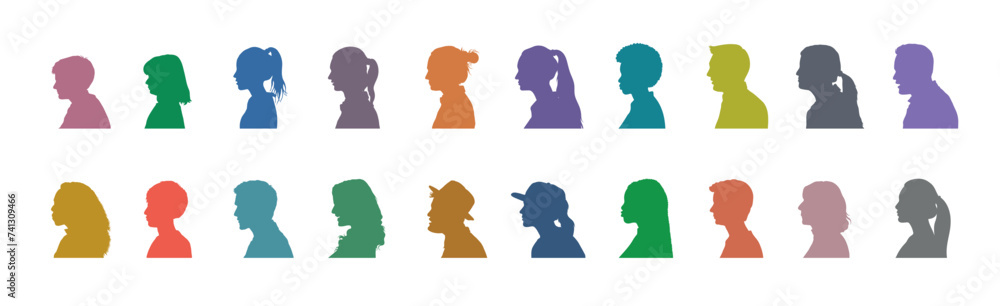 People face portrait side view colorful flat silhouette set collection. Man and woman side face avatar portrait different age in different colors silhouette.