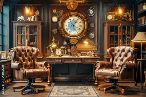 A room decorated in a retro-futuristic steampunk style, featuring a vintage desk, chairs, and a wall clock.