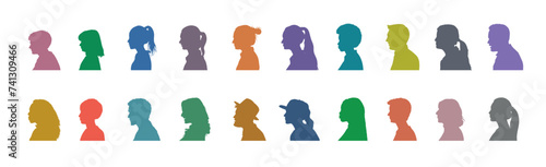 People face portrait side view colorful flat silhouette set collection. Man and woman side face avatar portrait different age in different colors silhouette.