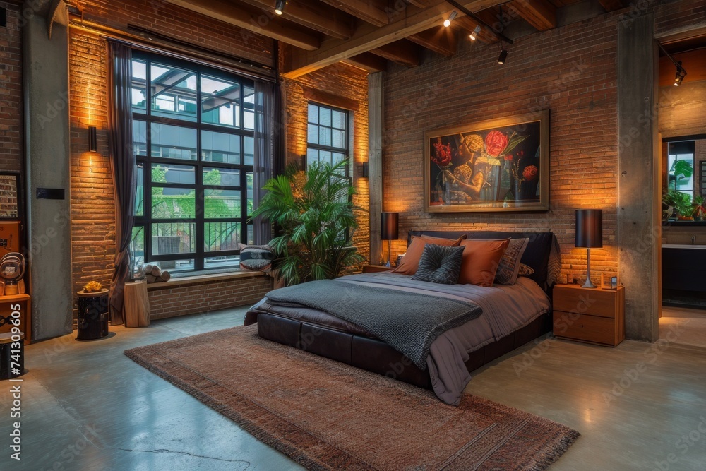 A room showcasing a generously sized bed and exposed brick walls in a modern industrial loft.