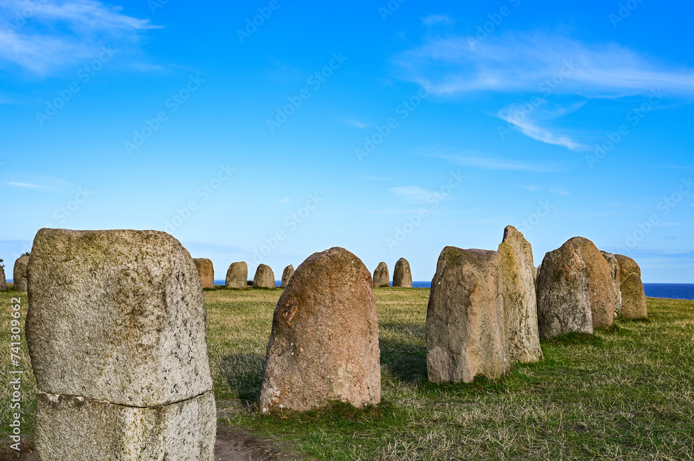 Stone circle Ales stenar in Sweden as one of the largest preserved ship settlements in Scandinavia and tourist attraction, Löderup, Ystad, Skane, Sweden