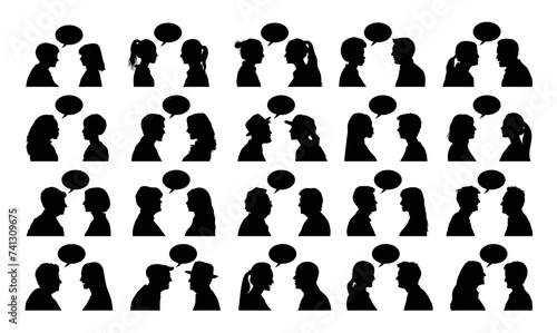 People face profile side view in pairs facing each other with speech bubble black silhouette set collection.
