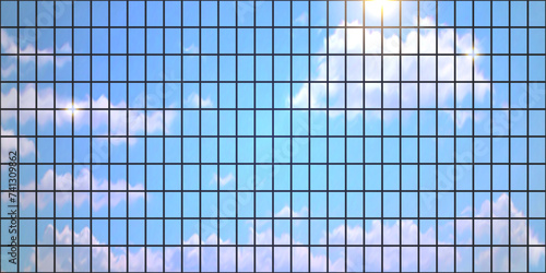 A high-rise building mirror front reflects the sun glare and the clouded sky. Panoramic glass. Background pattern with an urban or corporate vibe. Gradient mesh in a vector illustration