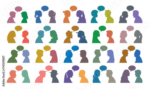 Human face profile side view in pairs facing each other with speech bubble black silhouette set collection.