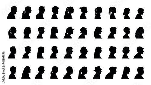 Human face portrait side view colorful silhouette set collection. Man and woman side face avatar portrait different age and generation black silhouette. photo
