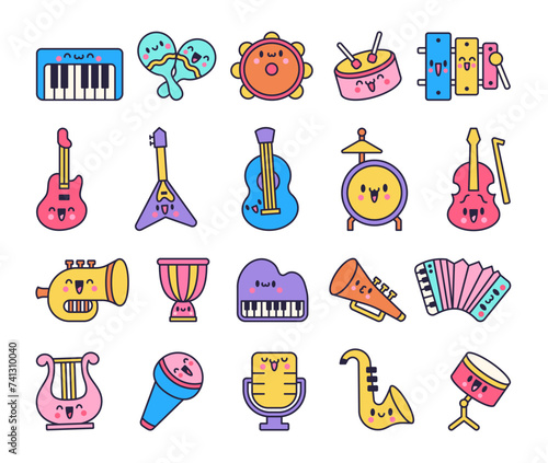Cute musical instruments with happy face. Cartoon kawaii character. Funny music stuff. Hand drawn style. Vector drawing. Collection of design elements.