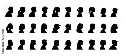 People face profiles side view black silhouette set collection. Man and woman side face avatar portrait different age flat silhouette.