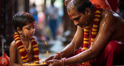 
Close up photo Hindu priest performing the sacred thread ceremony (Upanayana) for a young boy in a vibrant Indian temple