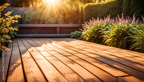 Hintergrund Holz Fl  che f  r Produkte Terasse Vorlage Untergrund mit Stein und Pflanzen gr  n mit Sonne Strahlen Schein Licht Reflektion ruhig sommerlich sommer umwelt- garten- park Landschaft Blumen