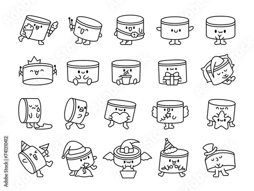 Cartoon kawaii drum character with sticks. Coloring Page. Funny musical personage with drumsticks. Hand drawn style. Vector drawing. Collection of design elements.