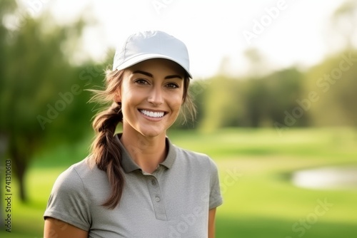 Portrait of a beautiful young woman golf player smiling at the camera
