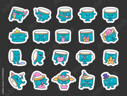 Cartoon kawaii drum character with sticks. Sticker Bookmark. Funny musical personage with drumsticks. Hand drawn style. Vector drawing. Collection of design elements.