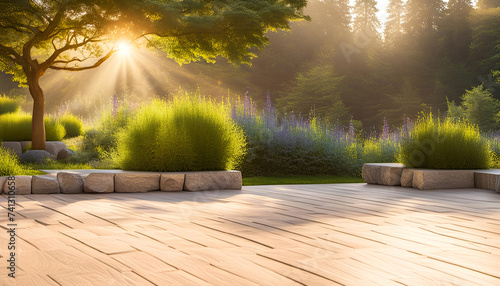Hintergrund Holz Fläche für Produkte Terasse Vorlage Untergrund mit Stein und Pflanzen grün mit Sonne Strahlen Schein Licht Reflektion ruhig sommerlich sommer umwelt- garten- park Landschaft Blumen photo