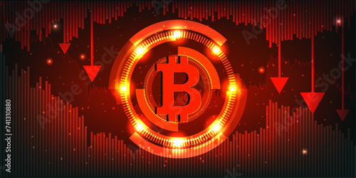 Bitcoin Price Falling Down Concept, Digital Cryptocurrency on Red Bar chart with Arrow Background. Vector illustration