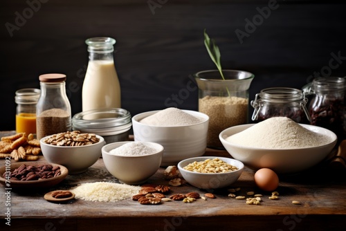  Close-up photography of a selection of gluten-free  dairy-free baking ingredients neatly arranged on a kitchen counter  ready to be transformed into delicious treats