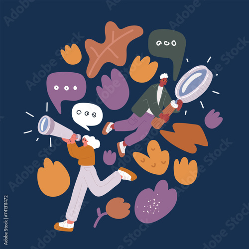 Cartoon vector illustration of young person sitting on magnifying glass. Searching for information