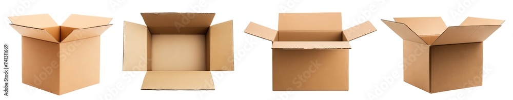 Set of open empty cardboard boxes cut out