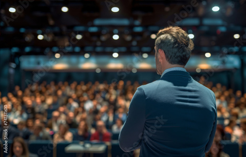 Businessman, conference or speaker sharing information at a business seminar for knowledge, motivational or coaching. Confident, man or coach speaks to audience at a convention or corporate event