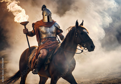 Ancient spartan soldier riding a horse and carrying a torch, surrounded by smoke.