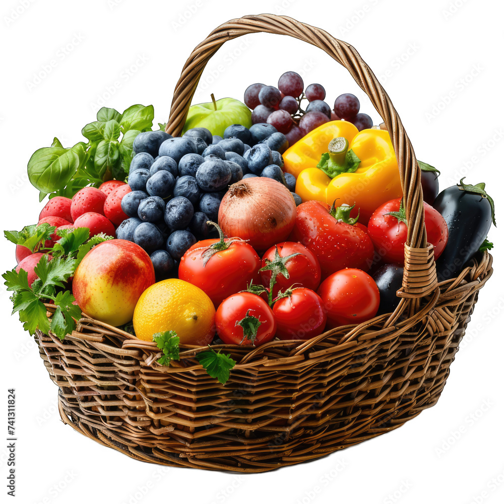 vegetables and fruits in wicker basket isolated on transparent background, element remove background, element for design