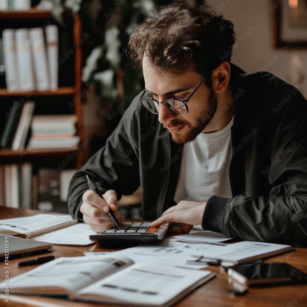 A man studying his financial documents with a calculator and notepad A man studying his financial documents with a calculator and notepad