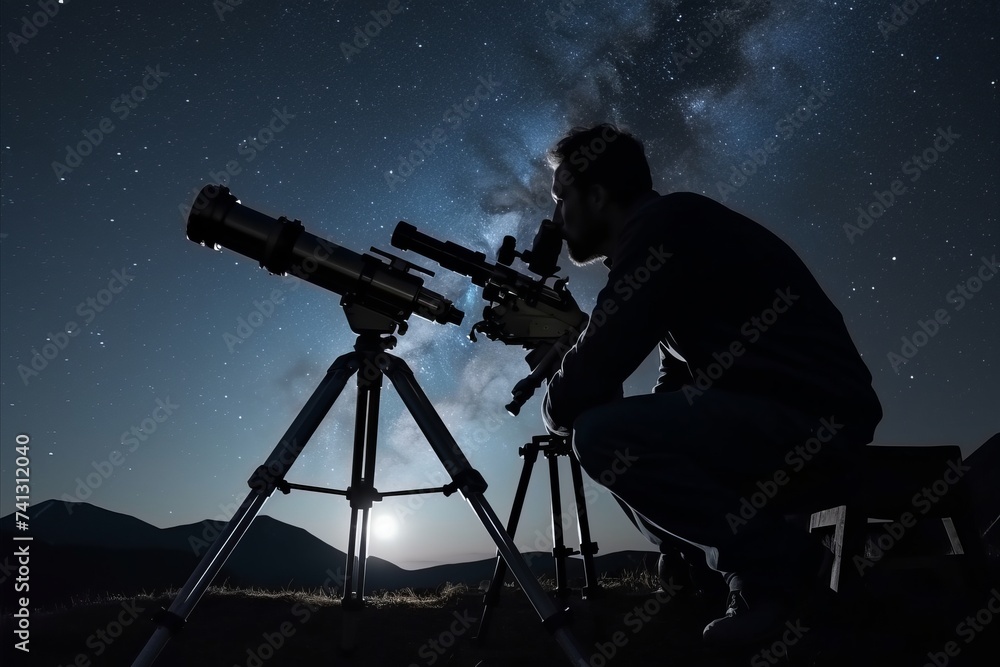 Silhouette of a man with a telescope against the starry sky