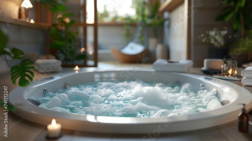 Luxurious Home Jacuzzi Bath with Bubbles and Warm Lighting