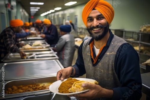 
Middle-aged Sikh granthi in his 40s serving langar (community meal) in the langar hall of a Canadian gurdwara photo